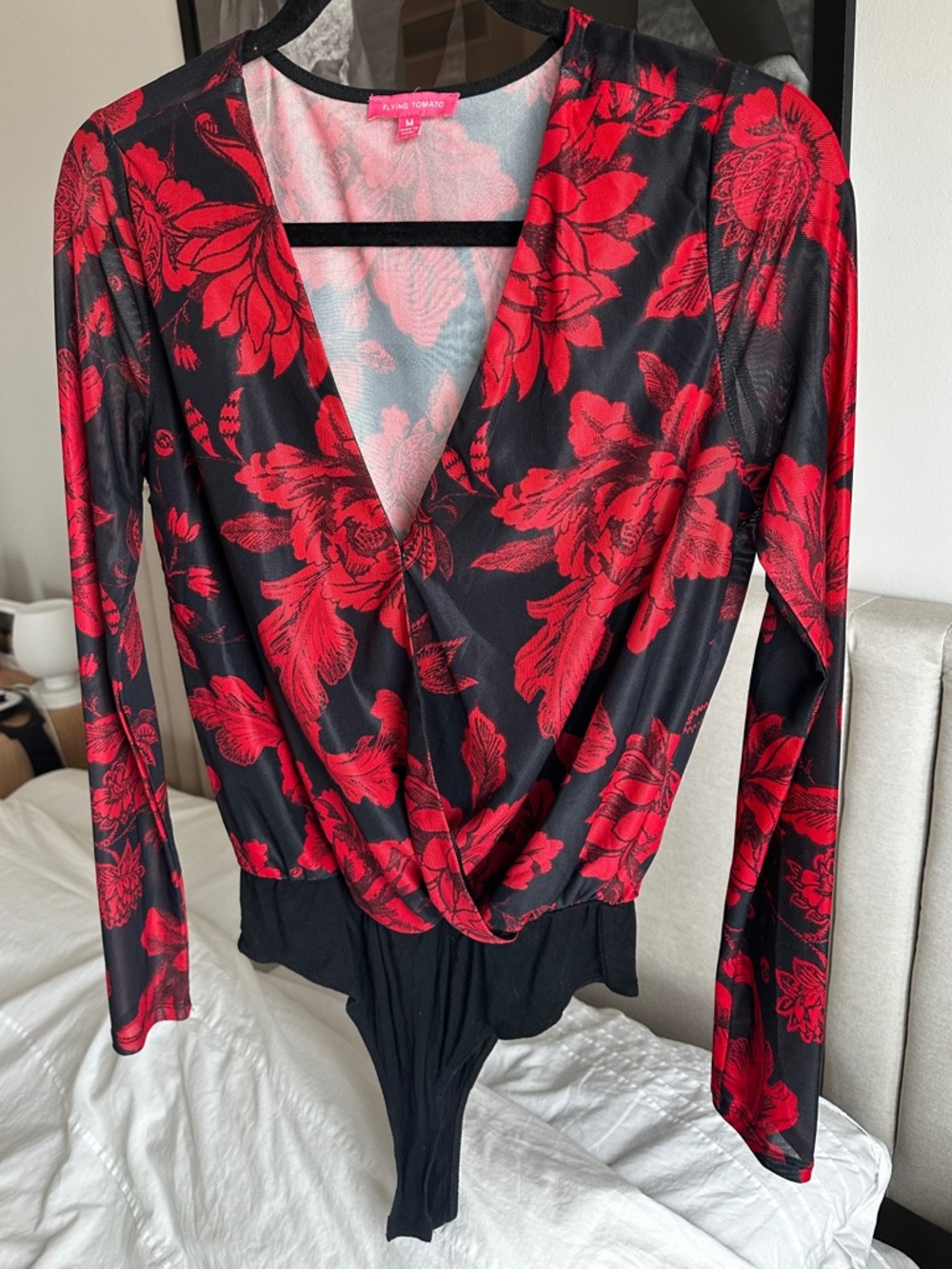 Flying Tomato Black and Red Floral Mesh Bodysuit